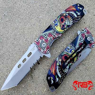 #ad 8quot; Silver SKULL SPRING OPEN ASSISTED TACTICAL FOLDING POCKET KNIFE Rescue Blade $13.65