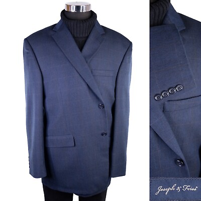 #ad JOSEPH amp; FEISS mens blue Check Wool Blend sport coat suit jacket blazer 48L $49.75