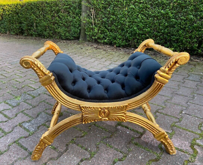 #ad Exquisite French Louis XVI Style Bench in Black Velvet With Gold Leaf Frame $945.00