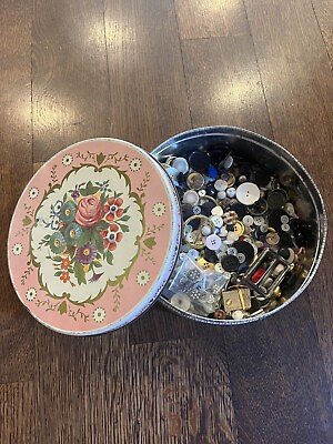 #ad Vintage Large Biscuit Tin Full of Old Buttons Pounds Of Buttons Gorgeous $28.00