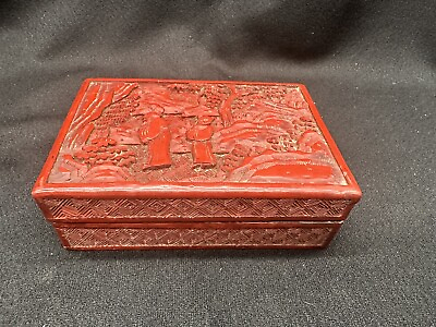 #ad 19th c. Chinese Cinnabar Red Lacquer Wood Box Hand Carved Trinket $40.00