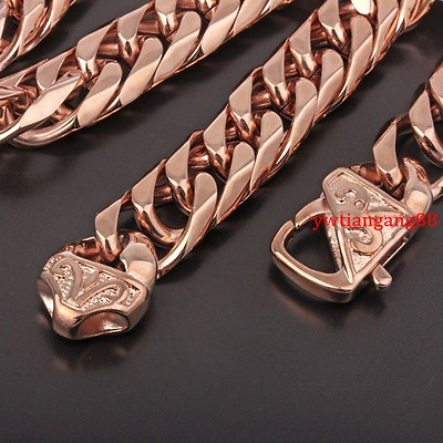 #ad 13 16mm Heavy Rose Gold Stainless Steel Mens Curb Cuban Chain Necklace Bracelet $10.44
