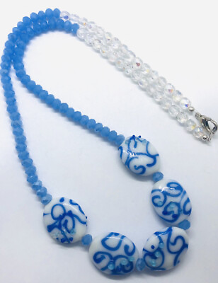 #ad Beautiful Chinese Cobalt Blue Beaded Necklace Light Blue Crystal Vintage Jewelry $29.99