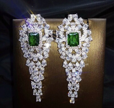 #ad 18k White Gold Filled Lab Created Green Emerald Chandelier Earrings Gorgeous $96.00