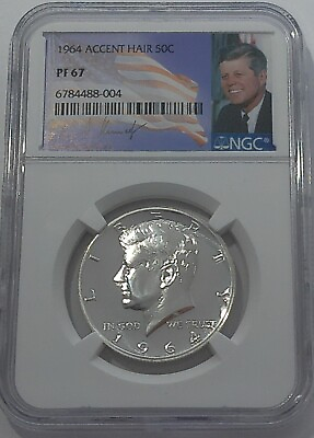 #ad 1964 NGC PF67 PROOF SILVER KENNEDY ACCENT HAIR HALF JFK COIN 50c SIGNATURE LABEL $134.00