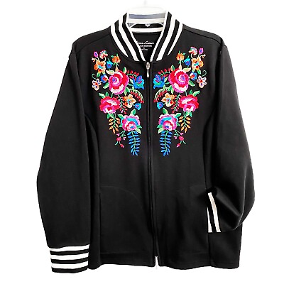 #ad Linea Leisure Louis Dell#x27;Olio Black Baseball Jacket Floral Embroidered Ponte XL $49.99