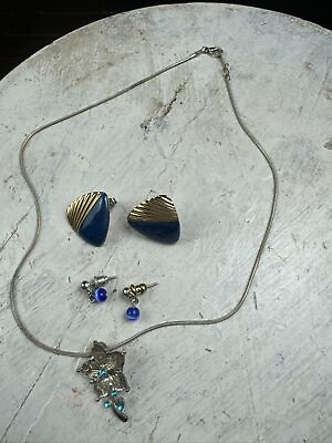 #ad Vintage Jewelry Set 5pc Silver Tone Flower Star Geometric Blue Gold Tone Studs $39.99