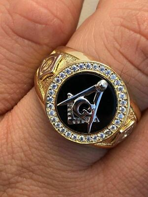 #ad Mens 14k Gold Plated Solid 925 Silver Free Mason Masonic G Black Onyx Ring CZ $50.20