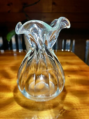 #ad Vintage Ruffled Tissue Art Glass Clear Hand Blown Heavy Vase Twist Swirl Ribbed $20.00