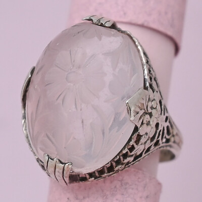 #ad Antique Art Deco Carved Rose Quartz Sterling Silver Filigree s 6 Dome Ring $265.00