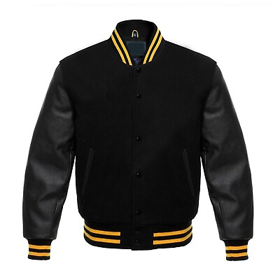 #ad Varsity Bomber Letterman Black Wool amp; Real Cowhide Leather Sleeves Jackets $84.62