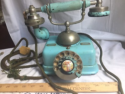 #ad Antique TELEFON ERICSSON style CRADLE TELEPHONE BRASS METAL BABY BLUE DECO $265.00