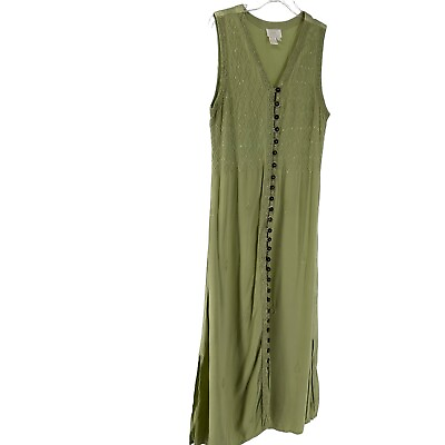 #ad Soft Surroundings Vintage Maxi Dress Green Sleeveless Embroidered Size M V Neck $45.00