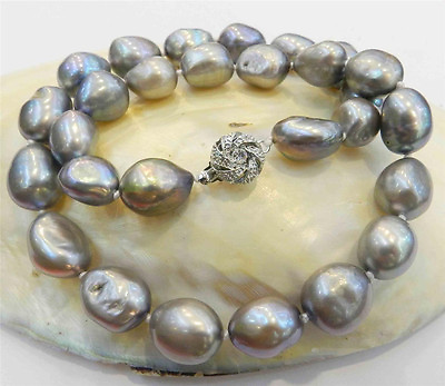 #ad Huge 12 13MM SILVER GRAY REAL BAROQUE CULTURED PEARL NECKLACE 18KGP CRYSTAL CL $21.59