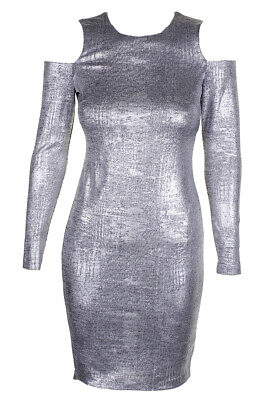 #ad Calvin Klein Petite Silver Metallic Long Sleeve Cold Shoulder Sheath Dress 12P $24.99