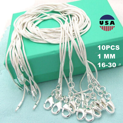 #ad wholesale 10PC sterling solid silver 1MM 2MM snake chain necklace 16quot; 24quot; New $8.99