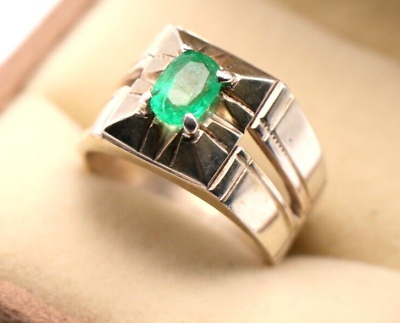 #ad Oval Cut Emerald Ring for Men Glowing Green Gemstone Sterling Silver Jewelry $370.00