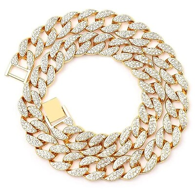 #ad 925 Curb Chain for Men Women 22in Necklace Gold Plated Cuban Link Zircon Diamond $389.99
