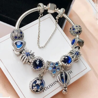 #ad Silver snake chain bracelet with blue night sky star moon hot air balloon charm $18.99