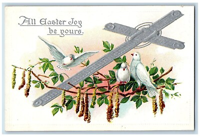 #ad Charles City Iowa IA Postcard Easter Silver Cross Dove Cattails Embossed Tuck $9.72