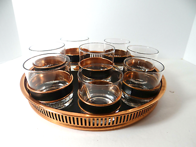 #ad Coppercraft Guild Copper Leather Round Tray with 8 Glasses Old Fashioned $56.24