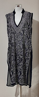 #ad Navy Blue Dress Sheer Overlay Dress Floral Embroidery Size S Tangerine Beach AU $17.00