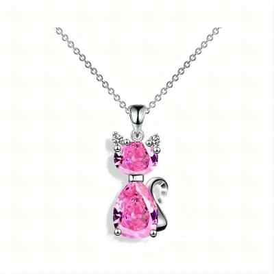 #ad Solid Sterling Silver Cat Pink Cubic Zirconia Pendant Necklace Gift New Other $14.99