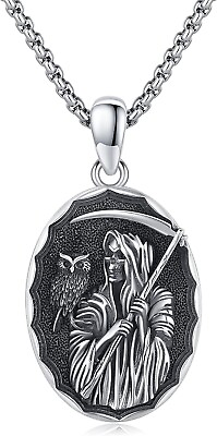 #ad 925 Sterling Silver Mens Santa Muerte Grim Reaper Holy Death Pendant Necklace $139.99