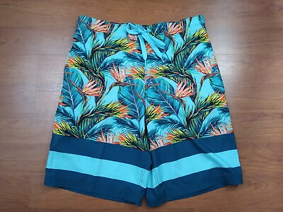 #ad OP Men#x27;s Swimsuit Palm Leaf Aqua Blue Hawaiian Waist 35quot; Inseam 11quot; $17.99
