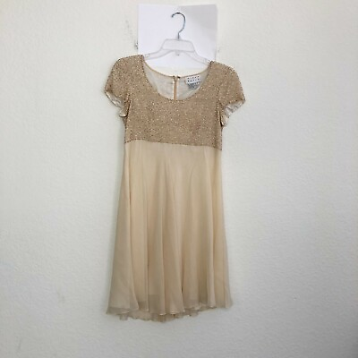 #ad BIEFF BASIX Vintage Nude Beaded Silk Short Sleeve Mini Dress 8 Empire waist AZ $42.00
