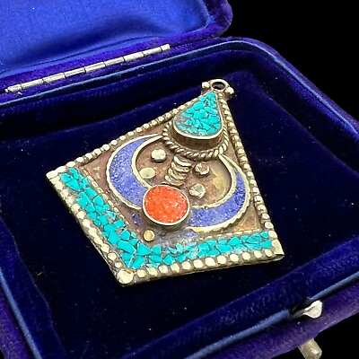 #ad Antique Vintage Deco Sterling Silver 925 Plated Tibetan Necklace Pendant 11g $10.00