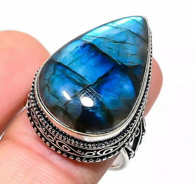 #ad NATURAL PEAR BLUE FIRE LABRADORITE 925 STERLING SILVER RING 9 9.5 CHOOSE $26.99