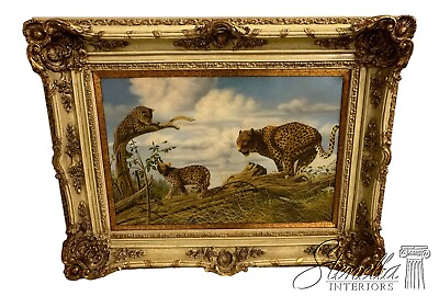 #ad F35232E: Antique White amp; Gold Oil on Canvas Painting:Three Cheetah Cubs Playing $695.00