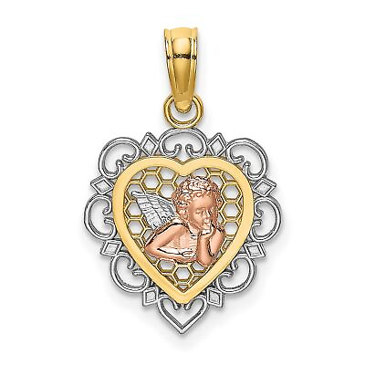 #ad 14k Two Tone Gold Small Angel In Heart Charm Pendant $129.99