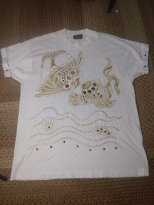 #ad Vintage P.G.B. T shirt Womens Sz XL GOLDFISH Rhinestones Nautical Glam Ocean $17.99