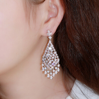#ad Elegant Women Silver Plated Zircon Long Dangle Drop Chandelier Earrings Jewelry $12.39