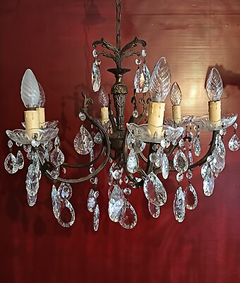 #ad Vintage antique Spanish brass crystal chandelier 6 light 1970s EH9006 5 $298.00