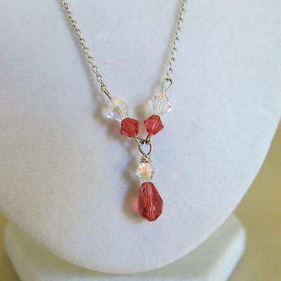 #ad Sterling Red Clear Crystal Beaded Pendant amp; Chain Necklace 18in 3.7g 3642 $24.95