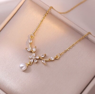 #ad Trendy Titanium Gold Flower Laurel Branch Pearl Pave CZ Pendant Chain Necklace $11.99