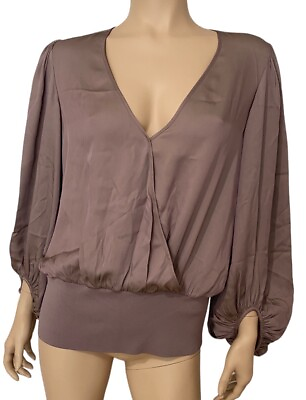 #ad Trina Turk Brown Silk Blend V Neck Long Sleeve Elastic Hem Wrap Top Size L $38.99