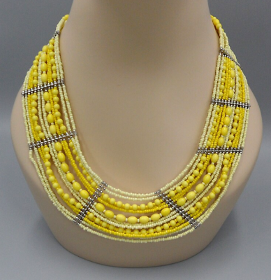 #ad Beaded Cleopatra Collar Necklace 1.75quot; Wide Multistrand Yellow Seed Bead Vintage $24.95
