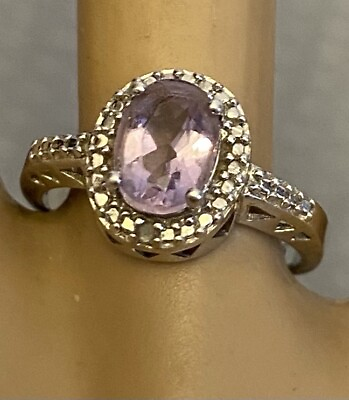 #ad Sterling Silver Lavender Amethyst Ring Oval Halo Diamond Accent 925 size 7 $21.95