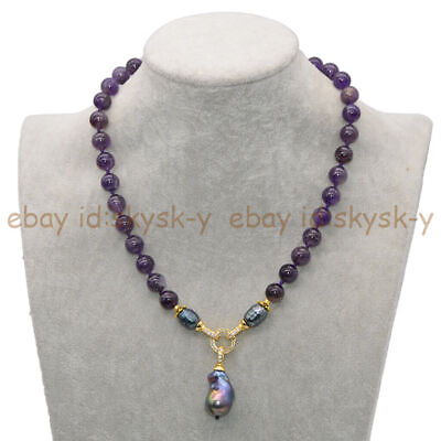 #ad Natural Purple Amethyst Gems Beads Black Keshi Baroque Pearl Pendant Necklace $12.15