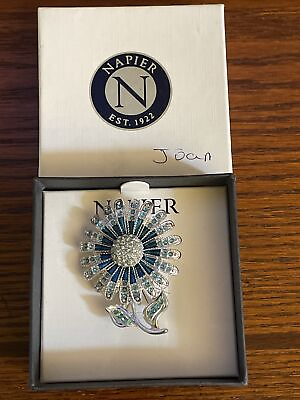 #ad Napier Turquoise Blue Flower Brooch Pin SilverTone Crystal Rhinestone with Box $29.99