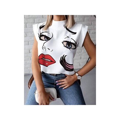 #ad Red Lips Mock Neck Top Graphic Print Blouse Short Sleeve White Fashion Top $18.30