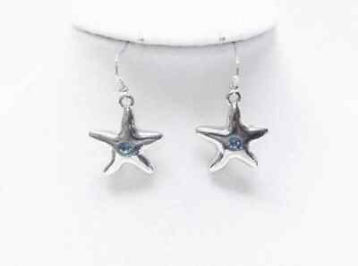 #ad Silver Plated Star Fish w Aqua Crystal Earrings $10.95