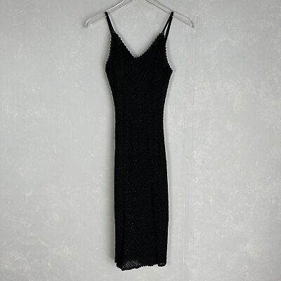 #ad Basix II vintage size S bodycon black midi dress crochet beaded lined $35.00