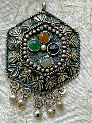 #ad Vintage North African Silver Pendant Four cabochons inclusions 5.5cm $58.90