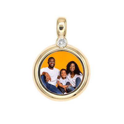 #ad Photo Pendant • Thick Circle Design with Single Natural Diamond • 14K Solid Gold $1450.00