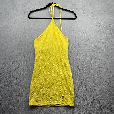 #ad Wild Fable Womens Mini Dress Yellow Halter Neck Sleeveless Pullover Slit Size S $11.07